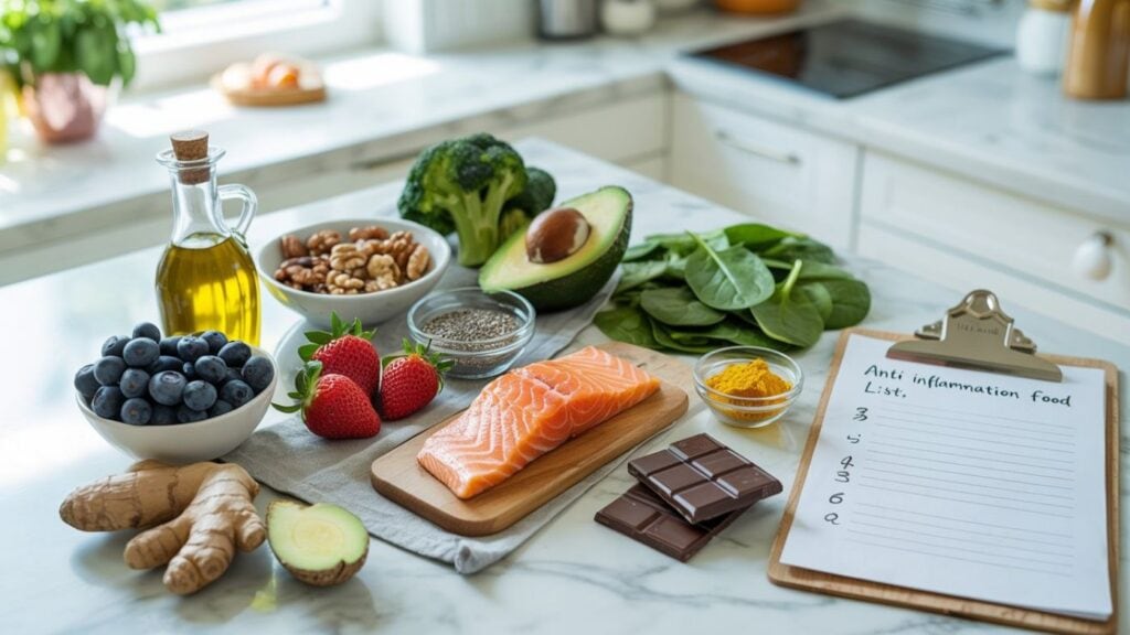A kitchen counter displays anti-inflammatory foods—salmon, avocado, spinach, broccoli, berries, ginger, and more—plus a clipboard with an anti inflammation food list perfect for diet recipes and less bloating.