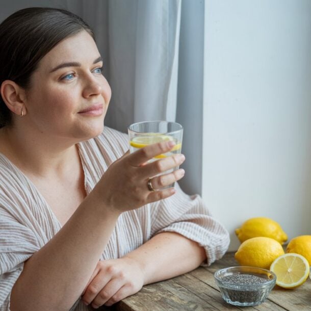 A woman sits at a wooden table by a window, holding a glass of lemon water and looking outside. On the table are lemons, a bowl of chia seeds—natural appetite suppressants—and a bowl of yogurt topped with berries.