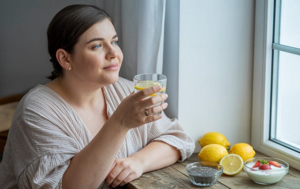 A woman sits at a wooden table by a window, holding a glass of lemon water and looking outside. On the table are lemons, a bowl of chia seeds—natural appetite suppressants—and a bowl of yogurt topped with berries.