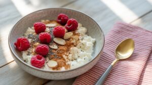 A Berry Chia Cottage Cheese Bowl topped with fresh raspberries, chia seeds, sliced almonds, and cinnamon sits on a wooden table next to a red striped napkin and gold spoon—a high fiber high protein breakfast delight.