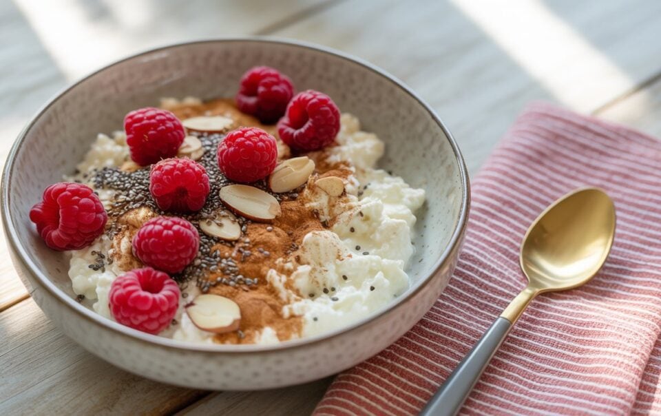 A Berry Chia Cottage Cheese Bowl topped with fresh raspberries, chia seeds, sliced almonds, and cinnamon sits on a wooden table next to a red striped napkin and gold spoon—a high fiber high protein breakfast delight.