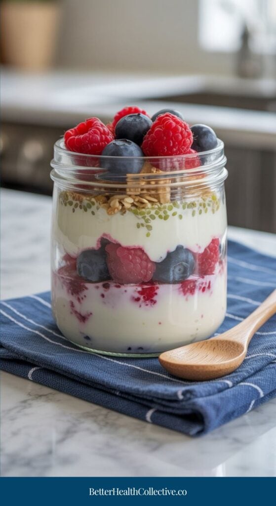 A glass jar filled with layers of yogurt, granola, blueberries, and raspberries sits on a folded blue napkin with a wooden spoon beside it—a high fiber breakfast to keep you full and reduce sugar cravings on a marble countertop.