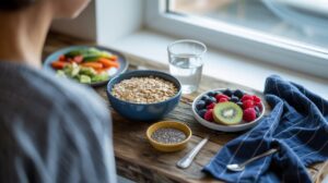 A person sits at a wooden table with a bowl of oats, foods for constipation like mixed berries and kiwi, a small dish of chia seeds, cut vegetables, a glass of water, and a blue napkin with a spoon.