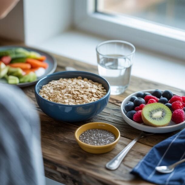 A person sits at a wooden table with a bowl of oats, foods for constipation like mixed berries and kiwi, a small dish of chia seeds, cut vegetables, a glass of water, and a blue napkin with a spoon.