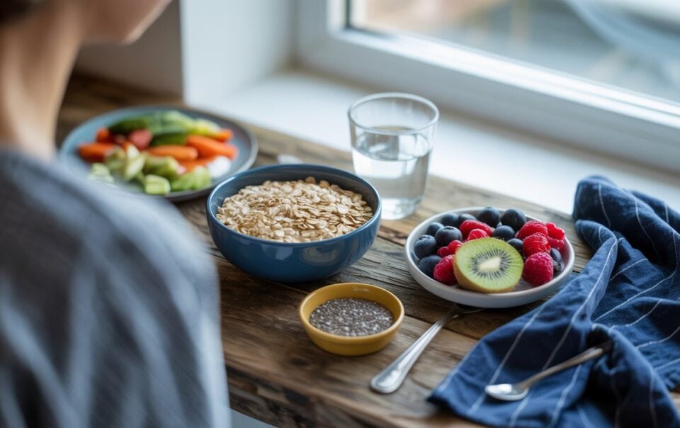 A person sits at a wooden table with a bowl of oats, foods for constipation like mixed berries and kiwi, a small dish of chia seeds, cut vegetables, a glass of water, and a blue napkin with a spoon.