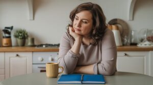 A woman sits at a kitchen table, resting her chin on her hand and looking thoughtful, perhaps experiencing GLP-1 brain fog. In front of her are a yellow mug and an open blue notebook. The tidy kitchen has shelves and appliances in the background.