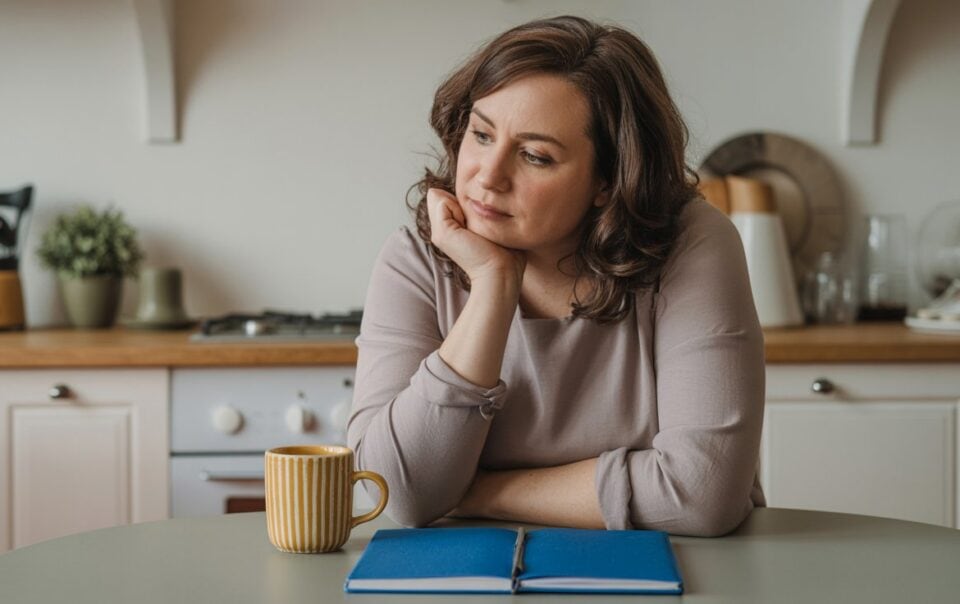A woman sits at a kitchen table, resting her chin on her hand and looking thoughtful, perhaps experiencing GLP-1 brain fog. In front of her are a yellow mug and an open blue notebook. The tidy kitchen has shelves and appliances in the background.