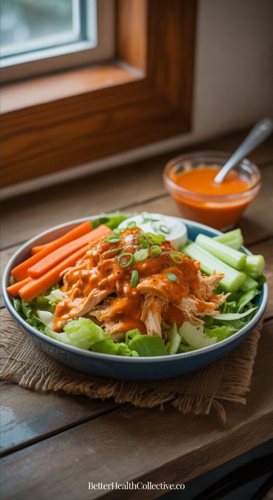A bowl of shredded chicken topped with buffalo sauce and green onions, served on a bed of lettuce with celery and carrot sticks, plus dipping sauce—an ideal choice for easy high protein lunches, enjoyed near a sunlit window.