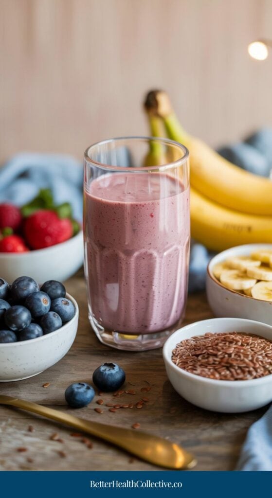 A glass of pink smoothie sits on a wooden table surrounded by bowls of blueberries, strawberries, banana slices, flax seeds—popular foods for constipation—and whole bananas. A gold spoon and a blue cloth are also visible.
