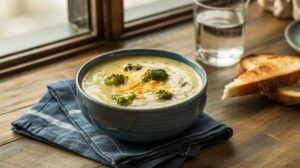 A bowl of high-protein broccoli cheddar soup with a hint of cottage cheese sits on a folded blue napkin by the window, accompanied by toasted bread and a glass of water in the background.