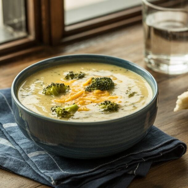 A bowl of high-protein broccoli cheddar soup with a hint of cottage cheese sits on a folded blue napkin by the window, accompanied by toasted bread and a glass of water in the background.