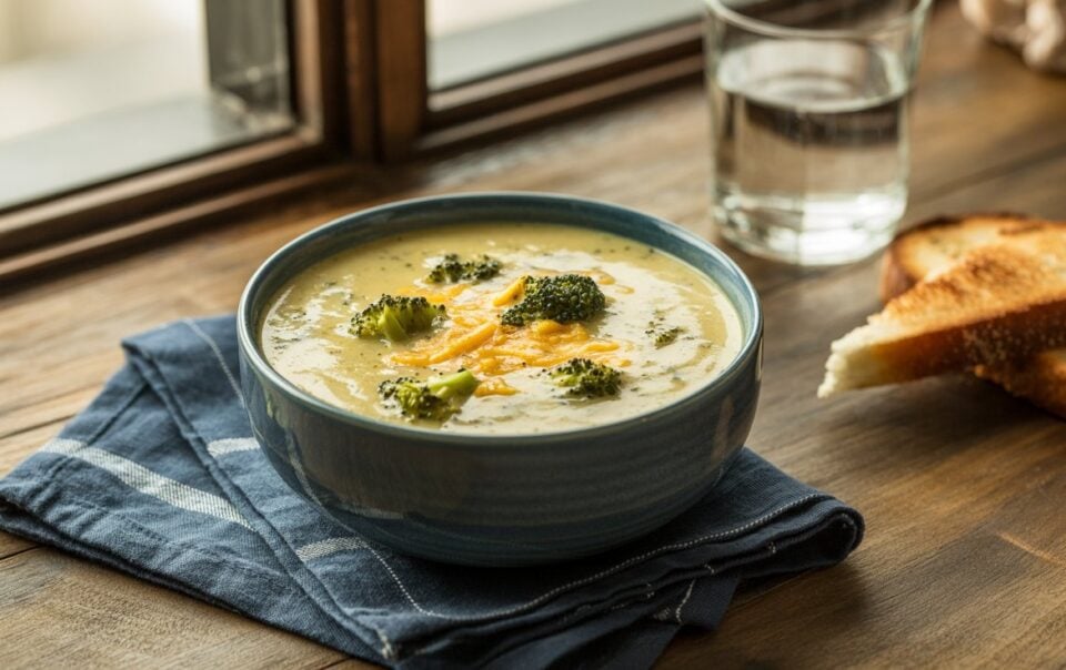 A bowl of high-protein broccoli cheddar soup with a hint of cottage cheese sits on a folded blue napkin by the window, accompanied by toasted bread and a glass of water in the background.