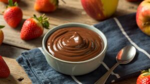A bowl of creamy chocolate pudding sits on a blue napkin beside a spoon, with fresh strawberries and apples scattered on a rustic wooden table.