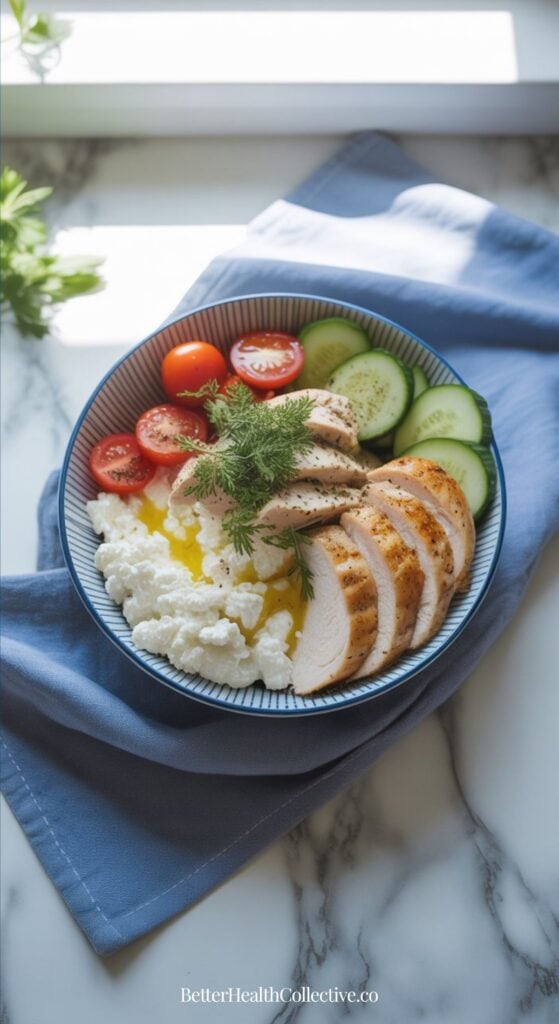A bowl with sliced grilled chicken breast, cottage cheese, cucumber, cherry tomatoes, and fresh dill sits on a blue napkin atop a marble surface. Sunlight highlights the fresh ingredients—perfect for easy high protein lunches.