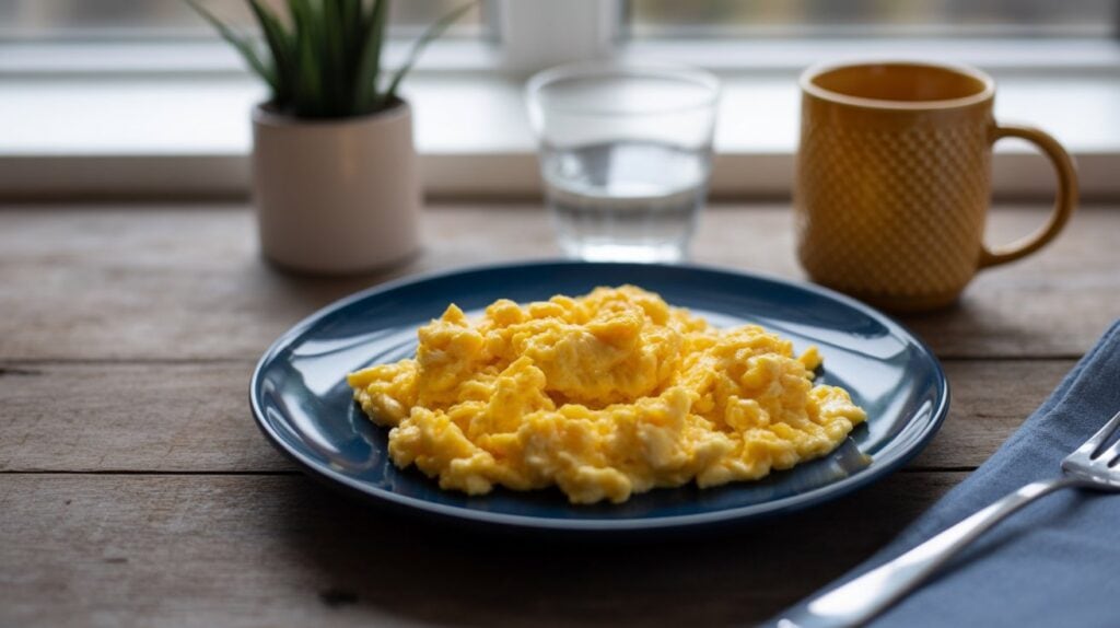 A plate of high protein scrambled eggs sits on a wooden table, next to a cup, a glass of water, a small potted plant, a fork, and a blue napkin, with a window in the background.