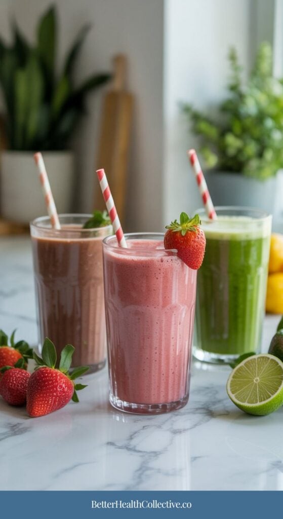 Three smoothies in clear glasses with striped straws are on a marble counter. The front smoothie is pink with a strawberry garnish and is a high protein option thanks to cottage cheese. Fresh strawberries and lime slices are nearby.