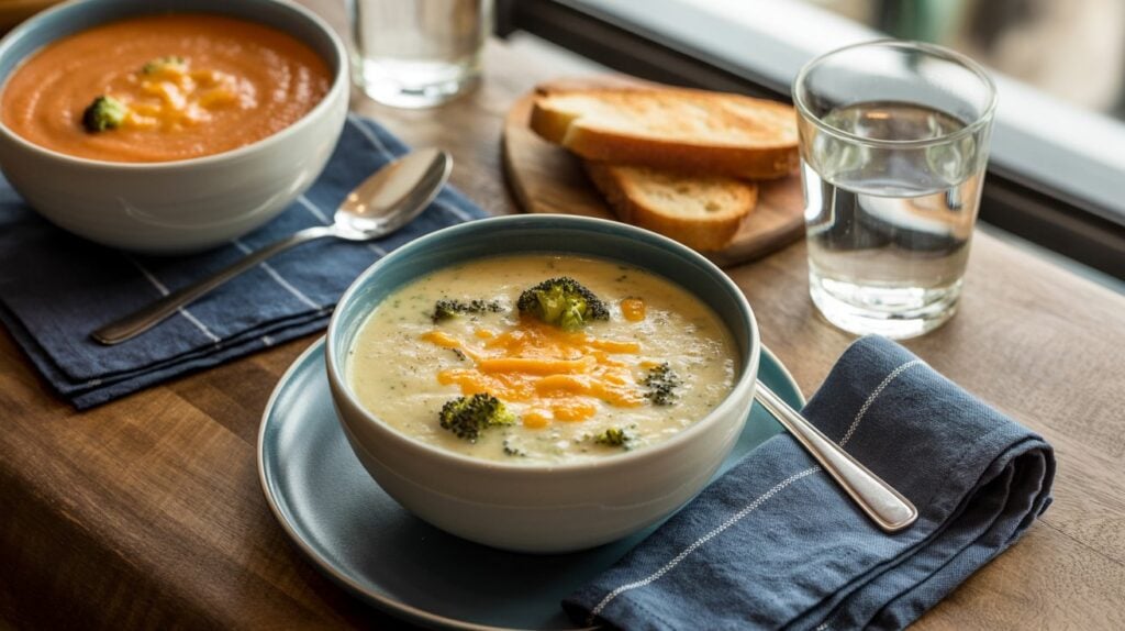 Two bowls of soup on a wooden table: one with creamy, high protein broccoli cheddar soup topped with cheese, and another with tomato soup. Slices of toasted bread, glasses of water, and napkins with spoons are beside them.