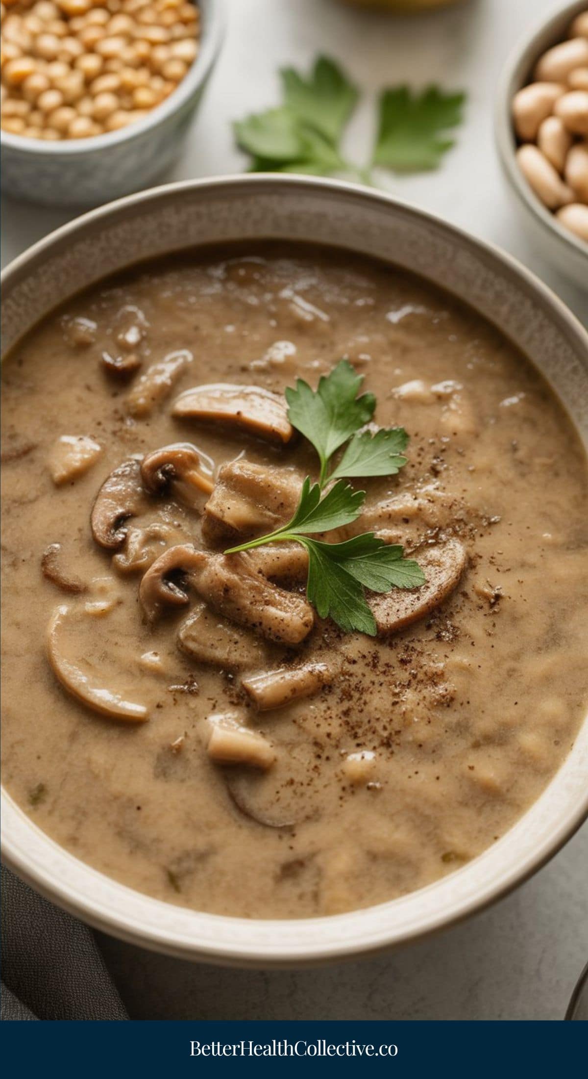 A bowl of creamy mushroom soup garnished with fresh parsley, with beans and greens visible in the background. Discover delicious vegetarian soup recipes at BetterHealthCollective.co.