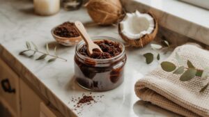A jar of easy to make DIY coffee body scrub with a wooden spoon sits on a marble countertop beside a halved coconut, a small bowl of coffee grounds, eucalyptus leaves, and folded beige towels for a smoothing self-care ritual.