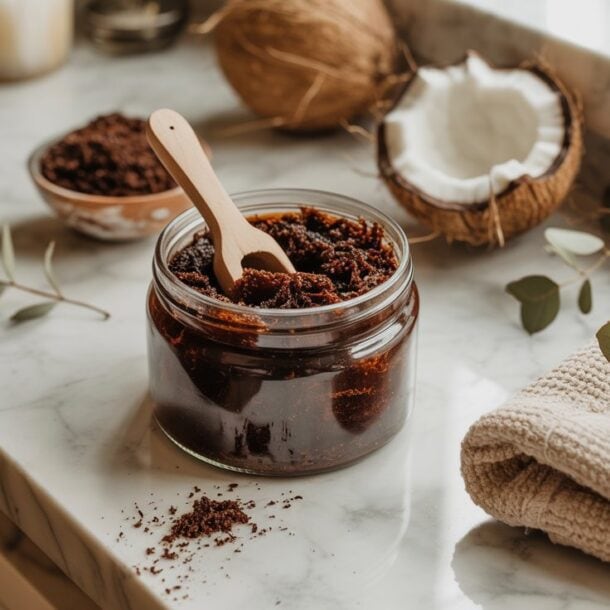 A jar of easy to make DIY coffee body scrub with a wooden spoon sits on a marble countertop beside a halved coconut, a small bowl of coffee grounds, eucalyptus leaves, and folded beige towels for a smoothing self-care ritual.