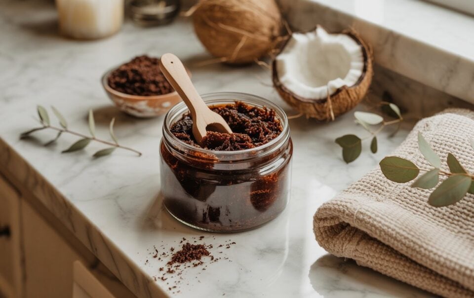 A jar of easy to make DIY coffee body scrub with a wooden spoon sits on a marble countertop beside a halved coconut, a small bowl of coffee grounds, eucalyptus leaves, and folded beige towels for a smoothing self-care ritual.