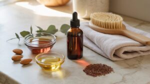 A glass dropper bottle of firming body oil, small bowls of amber and golden oils, almonds, flaxseeds, and a dry brush on folded towels are arranged on a marble countertop in natural light—ideal for caring for loose skin while losing weight.