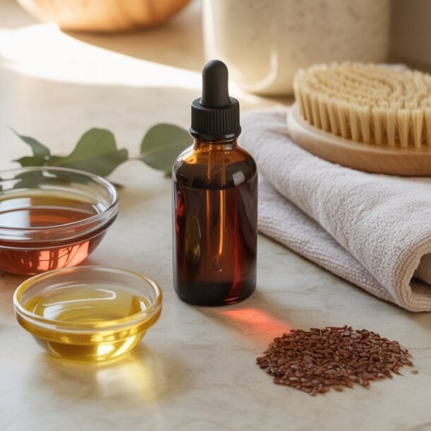 A glass dropper bottle of firming body oil, small bowls of amber and golden oils, almonds, flaxseeds, and a dry brush on folded towels are arranged on a marble countertop in natural light—ideal for caring for loose skin while losing weight.