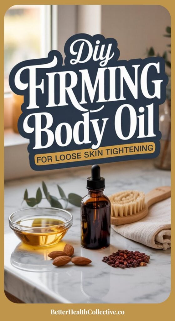 A bottle of firming body oil, a small bowl of oil, almonds, dried berries, and a dry brush sit on a marble countertop near a window. Text reads: “DIY Firming Body Oil for Loose Skin Tightening.”.