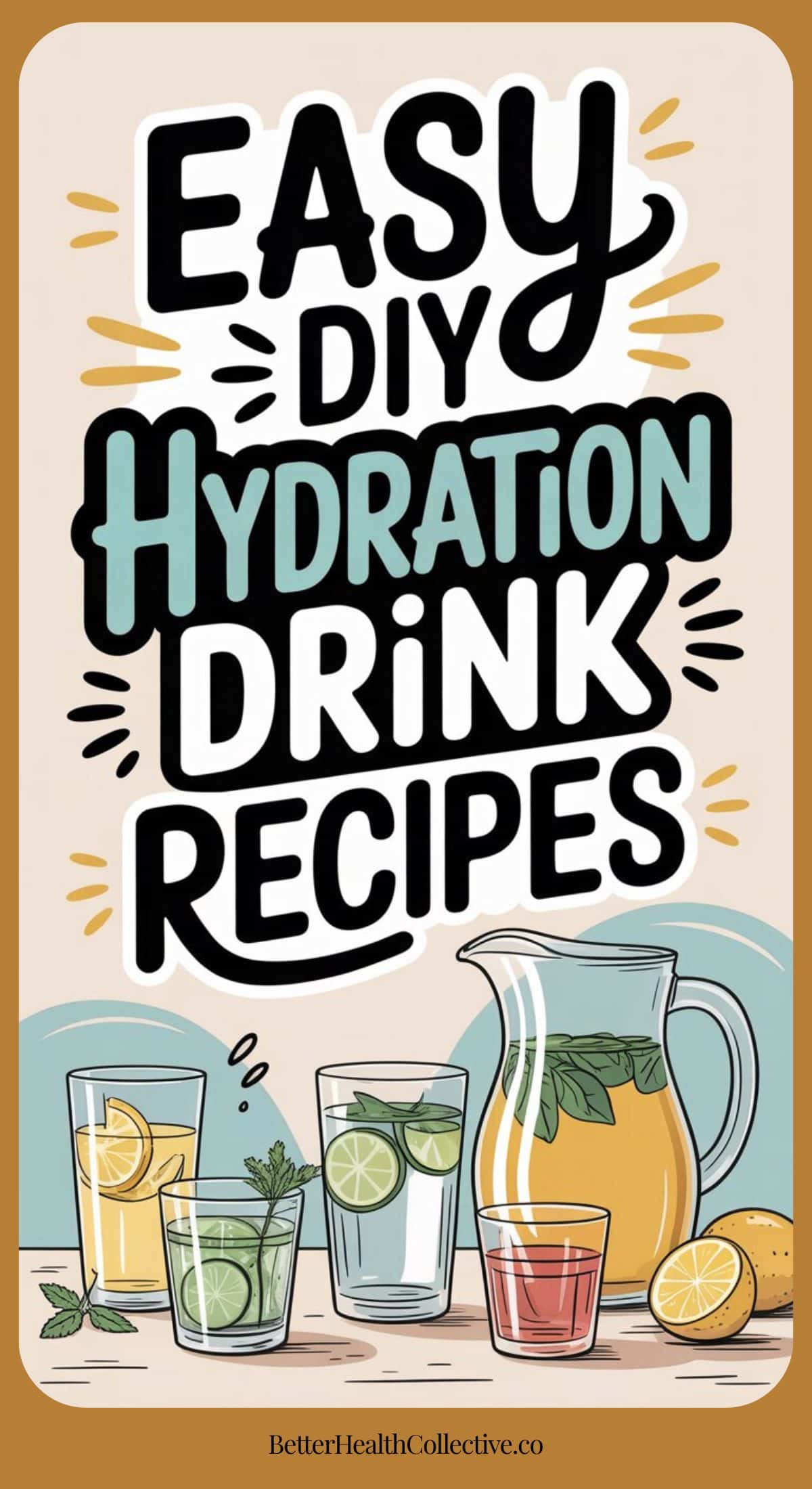 Illustration with the text “Easy DIY Hydration Drink Recipes” above a pitcher and glasses filled with colorful hydration drink recipes, lemon slices, mint leaves, and ice. Website “BetterHealthCollective.co” appears at the bottom.