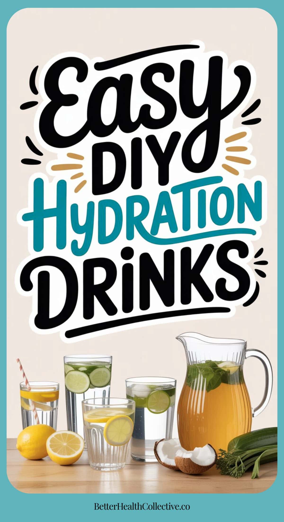 A graphic with the text Easy DIY Hydration Drink Recipes above a table featuring a pitcher and glasses of infused water with lime, lemon, cucumber, and mint; fresh lemons and limes are also on the table.