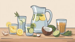 Illustration of a wooden table with a pitcher of water filled with lemon and lime slices, surrounded by glasses, coconut, citrus slices, and herbs. The scene suggests healthy hydration and refreshing summer drink recipes.