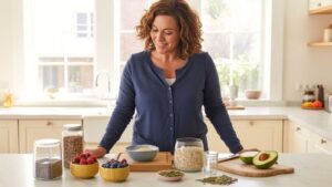 A woman stands in a bright kitchen, smiling while looking at bowls of oats, blueberries, raspberries, seeds, nuts, and a halved avocado—ingredients for a high fiber breakfast to keep you full and reduce sugar cravings.