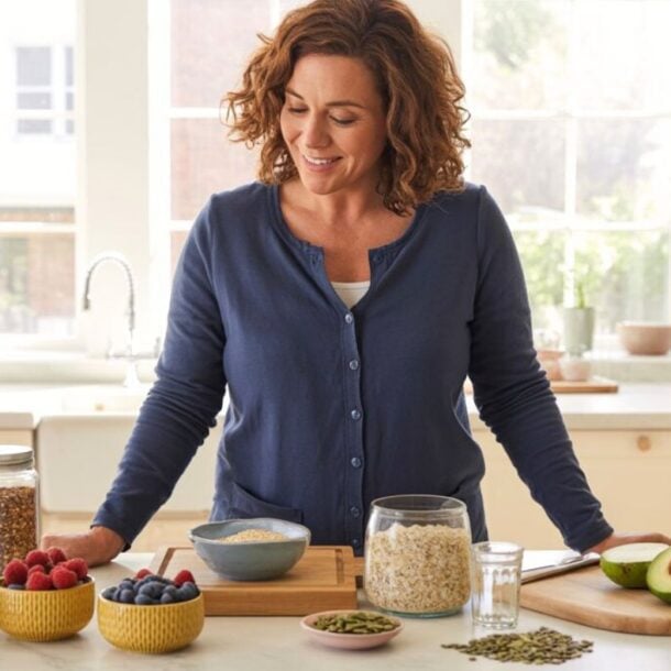 A woman stands in a bright kitchen, smiling while looking at bowls of oats, blueberries, raspberries, seeds, nuts, and a halved avocado—ingredients for a high fiber breakfast to keep you full and reduce sugar cravings.