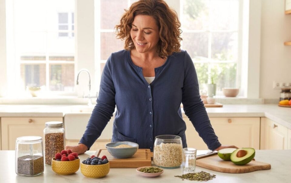A woman stands in a bright kitchen, smiling while looking at bowls of oats, blueberries, raspberries, seeds, nuts, and a halved avocado—ingredients for a high fiber breakfast to keep you full and reduce sugar cravings.