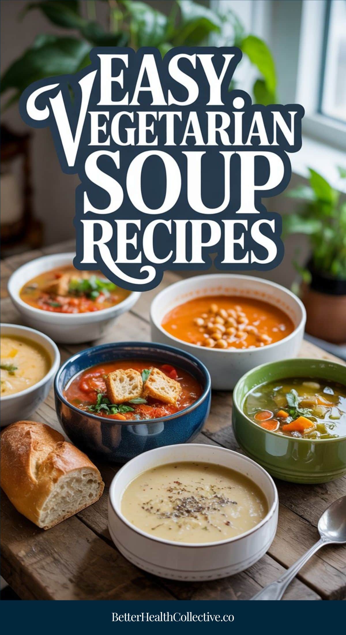 A variety of colorful vegetarian soup recipes in bowls are arranged on a wooden table with bread, under large text reading Easy Vegetarian Soup Recipes. The scene appears cozy and inviting.