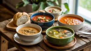 A wooden table with various bowls of vegetarian soup recipes, including tomato, vegetable, creamy, and bean soups, accompanied by a small loaf of bread, set beside a window with natural light and a green plant in the background.