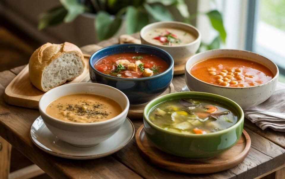 A wooden table with various bowls of vegetarian soup recipes, including tomato, vegetable, creamy, and bean soups, accompanied by a small loaf of bread, set beside a window with natural light and a green plant in the background.