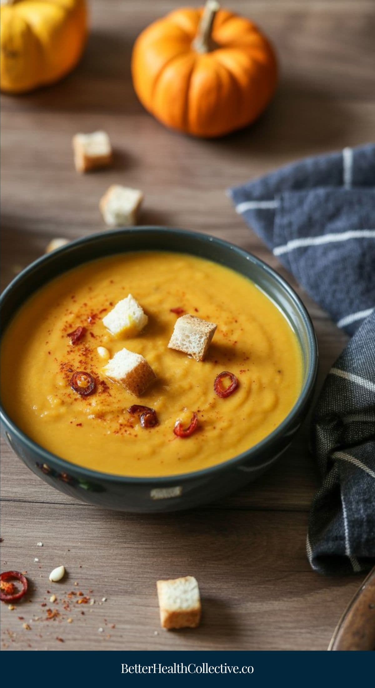 A bowl of creamy pumpkin soup, perfect for vegetarian soup recipes, is topped with croutons and sliced chili peppers on a wooden table, with a dark cloth napkin and small pumpkins in the background.