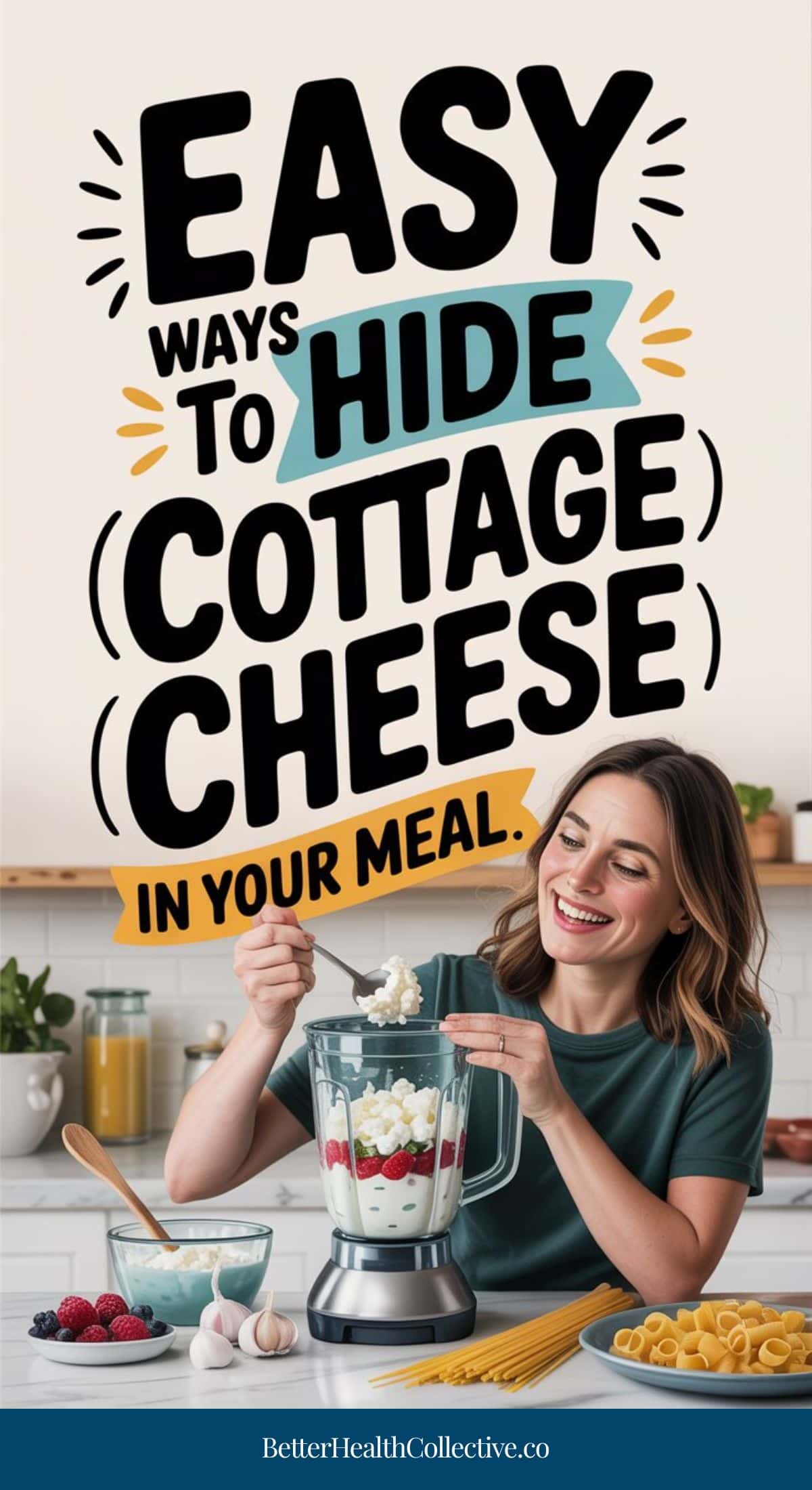 A smiling woman in a kitchen adds high protein cottage cheese to a blender filled with fruit. Text above her reads, “Easy ways to use cottage cheese in your meal.” Countertops display fruit, pasta, and kitchen items.