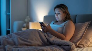 A woman sits up in bed at night, wired but tired, illuminated by the blue light from her phone as she looks at the screen, with a lamp glowing softly in the background.