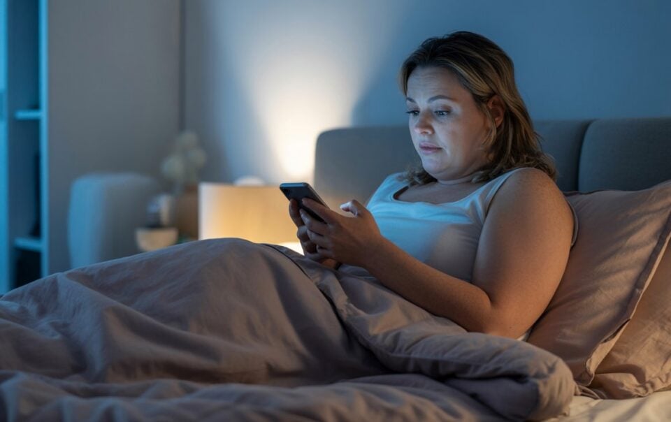 A woman sits up in bed at night, wired but tired, illuminated by the blue light from her phone as she looks at the screen, with a lamp glowing softly in the background.