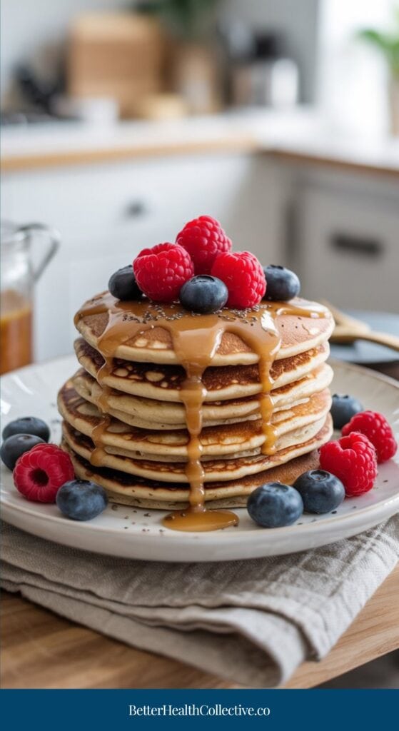A stack of pancakes topped with blueberries, raspberries, and caramel sauce sits on a white plate, offering a high fiber breakfast to help keep you full and reduce sugar cravings, with extra berries scattered around in a bright kitchen.