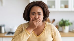 A woman wearing a yellow striped shirt stands in a kitchen, covering her mouth with her hand and looking worried or shocked—possibly experiencing sulfur burps or side effects from GLP-1 meds.