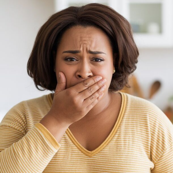 A woman wearing a yellow striped shirt stands in a kitchen, covering her mouth with her hand and looking worried or shocked—possibly experiencing sulfur burps or side effects from GLP-1 meds.