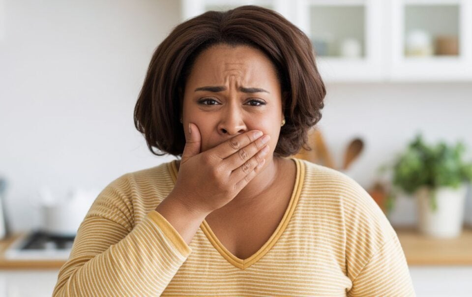 A woman wearing a yellow striped shirt stands in a kitchen, covering her mouth with her hand and looking worried or shocked—possibly experiencing sulfur burps or side effects from GLP-1 meds.