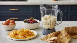 A blender with high protein ricotta cheese inside sits on a marble countertop, surrounded by a bowl of eggs, a plate of uncooked penne pasta, fresh berries, and a yellow striped kitchen towel—perfect for protein-packed recipes.