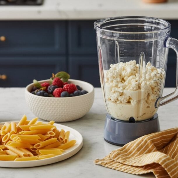 A blender with high protein ricotta cheese inside sits on a marble countertop, surrounded by a bowl of eggs, a plate of uncooked penne pasta, fresh berries, and a yellow striped kitchen towel—perfect for protein-packed recipes.