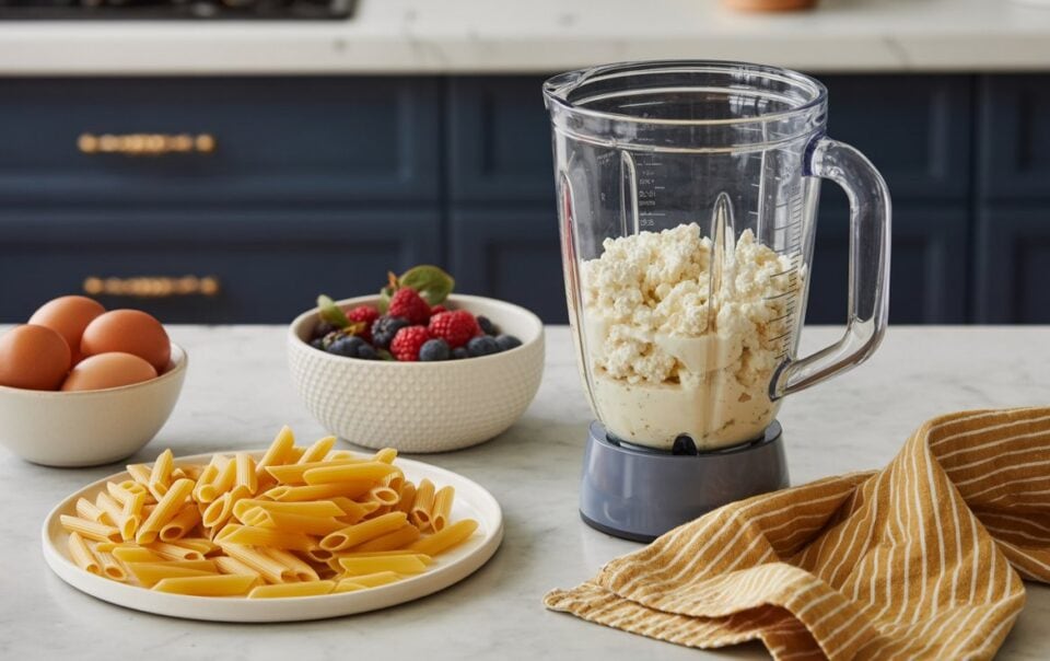 A blender with high protein ricotta cheese inside sits on a marble countertop, surrounded by a bowl of eggs, a plate of uncooked penne pasta, fresh berries, and a yellow striped kitchen towel—perfect for protein-packed recipes.