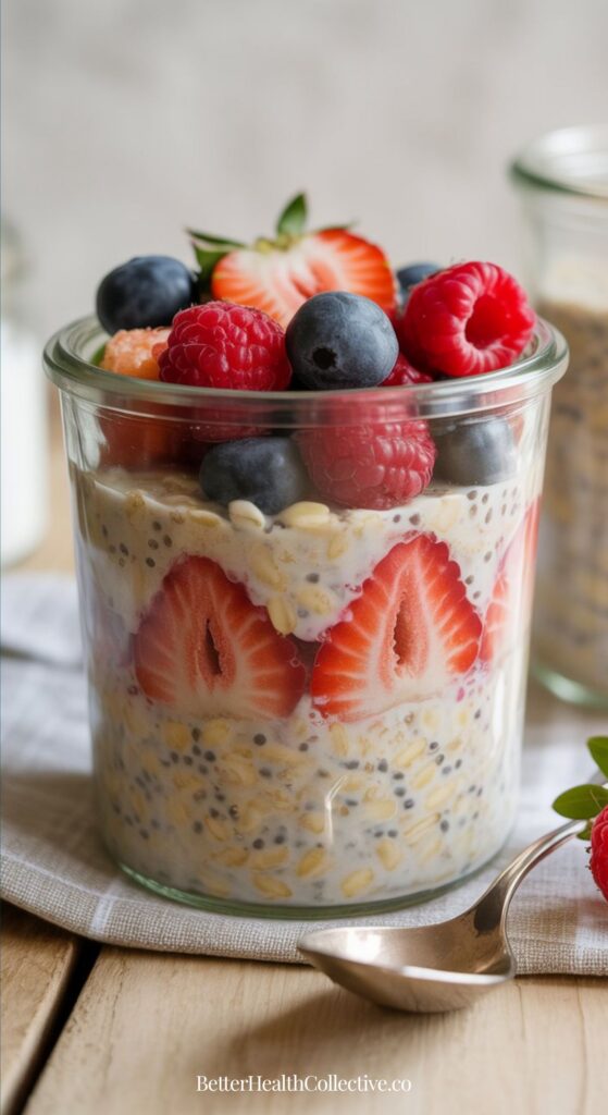 A glass jar filled with overnight oats, chia seeds, and milk—perfect for a high fiber breakfast—topped with strawberries, blueberries, raspberries, and apricot sits on a wooden table next to a spoon.