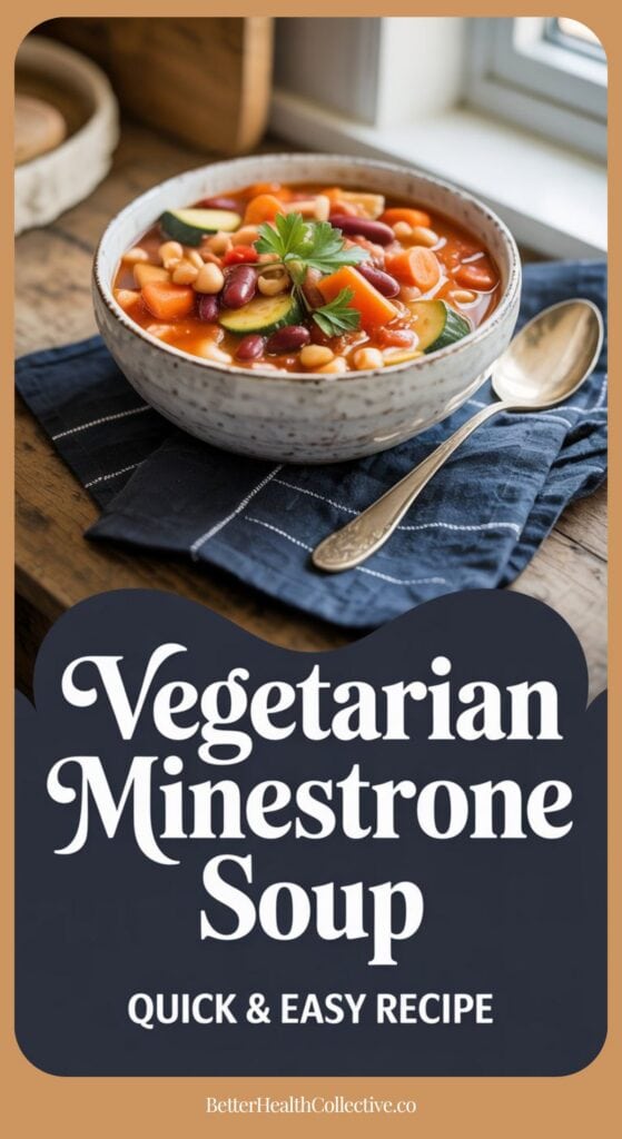 A bowl of Vegetarian Minestrone Soup with beans, carrots, and zucchini sits on a blue napkin next to a spoon. Text on the image reads: Vegetarian Minestrone Soup. Quick & Easy Recipe. BetterHealthCollective.co.